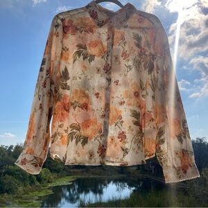 NWT LINEN Laura Ashley Cream and Green Floral Blouse VINTAGE RETRO STYLE SZ:XL